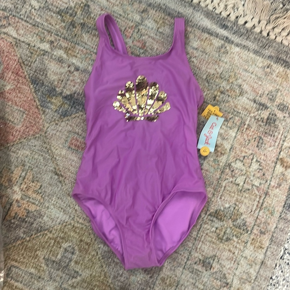 Purple Cat and Jack Seashell Flip Sequin Swimsuit (girls size L 10/12)‎